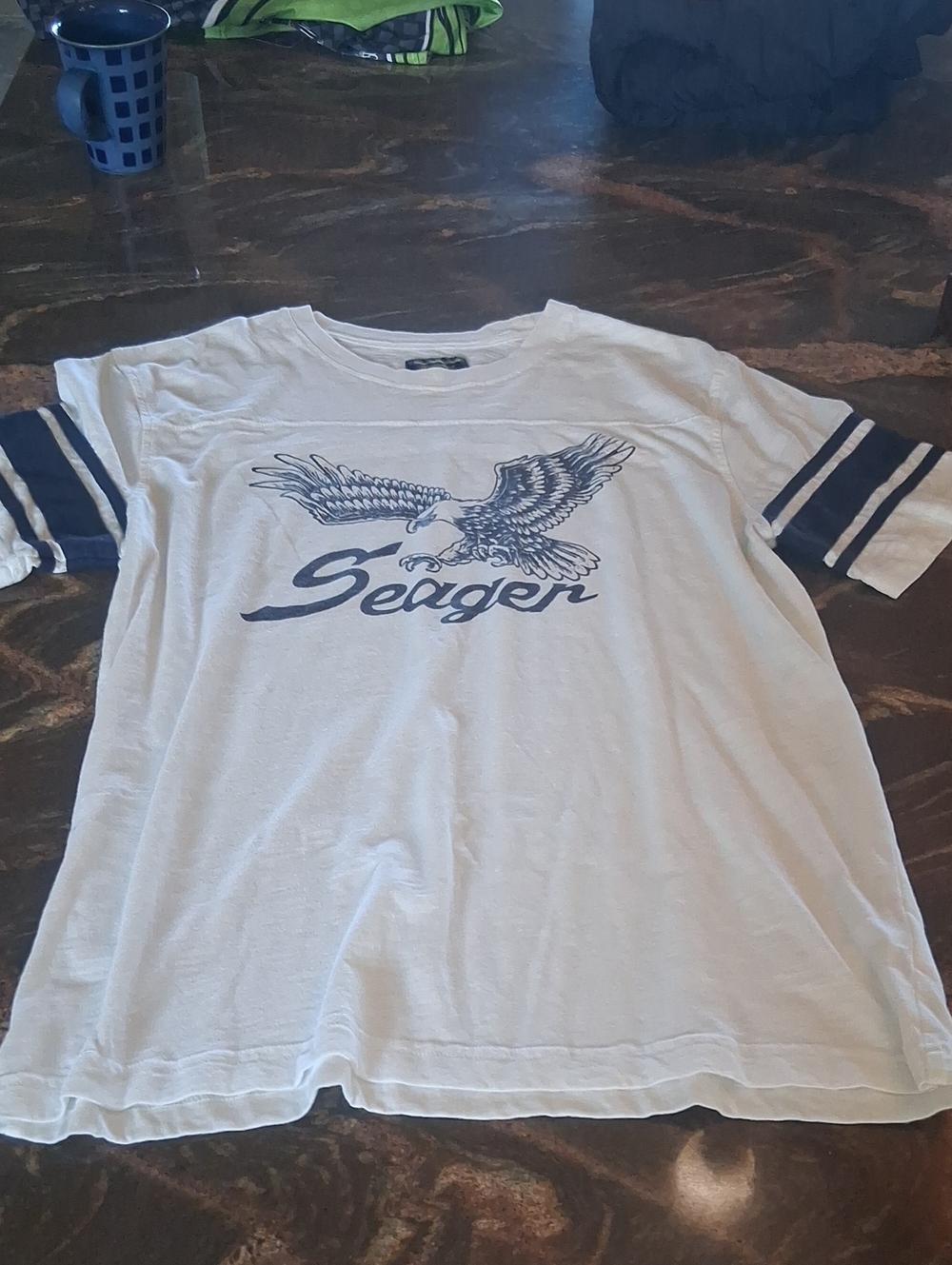 Men's White Seagar Graphic Eagle Tee with Navy Accents